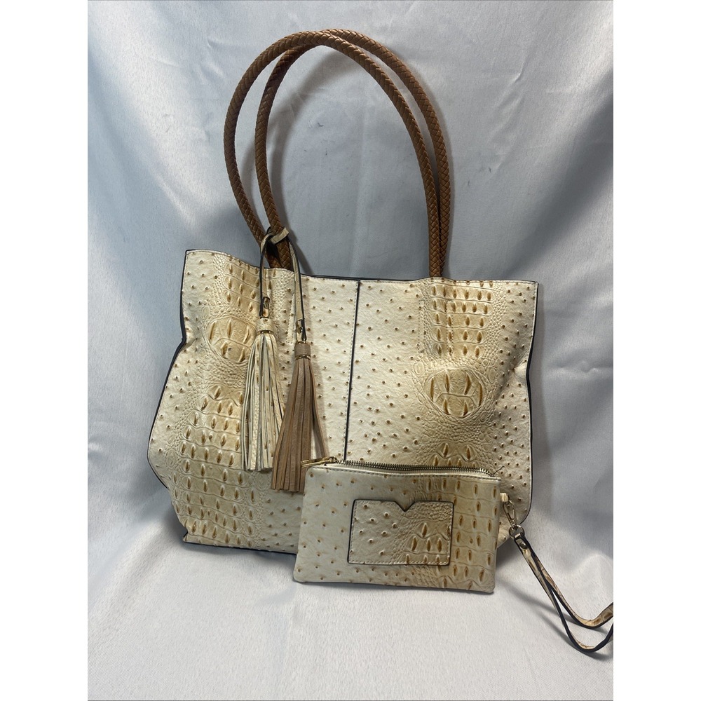 Women's Cream Ostrich Croc Embossed Tote Handbag Matching Wristlet Pouch 2-Pc